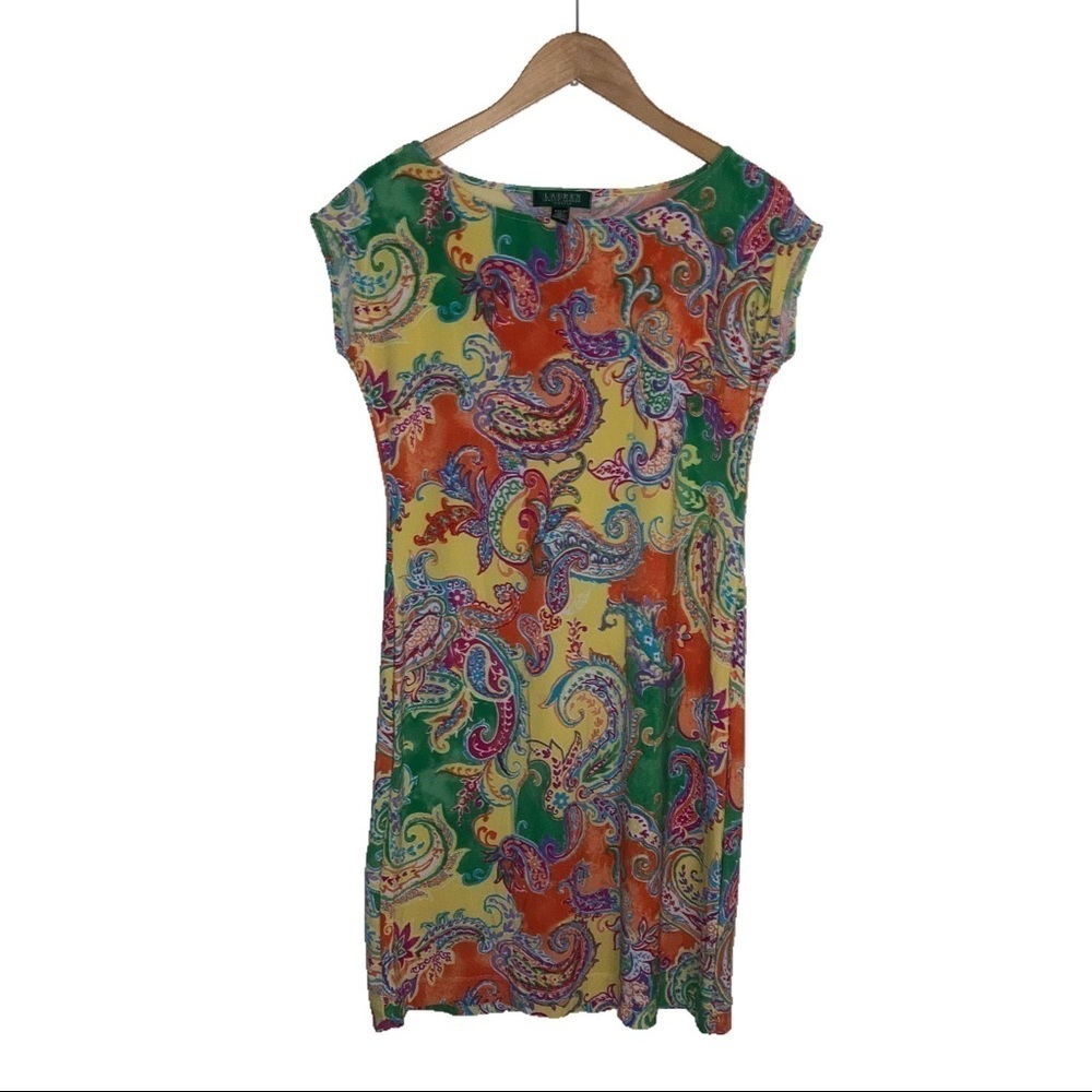 Ralph Lauren Stretch Paisley Print Shift Dress P M Yellow Green Orange Blue*